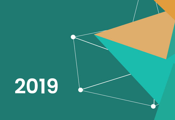 2019 text made of blue geometric shapes with connected lines on a green background.