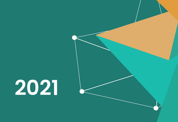 Text 2021 on a green background with geometric shapes and connecting white lines.