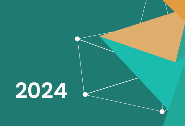 Geometric shapes with lines and dots on a green background, 2024 in bold white text on the left.