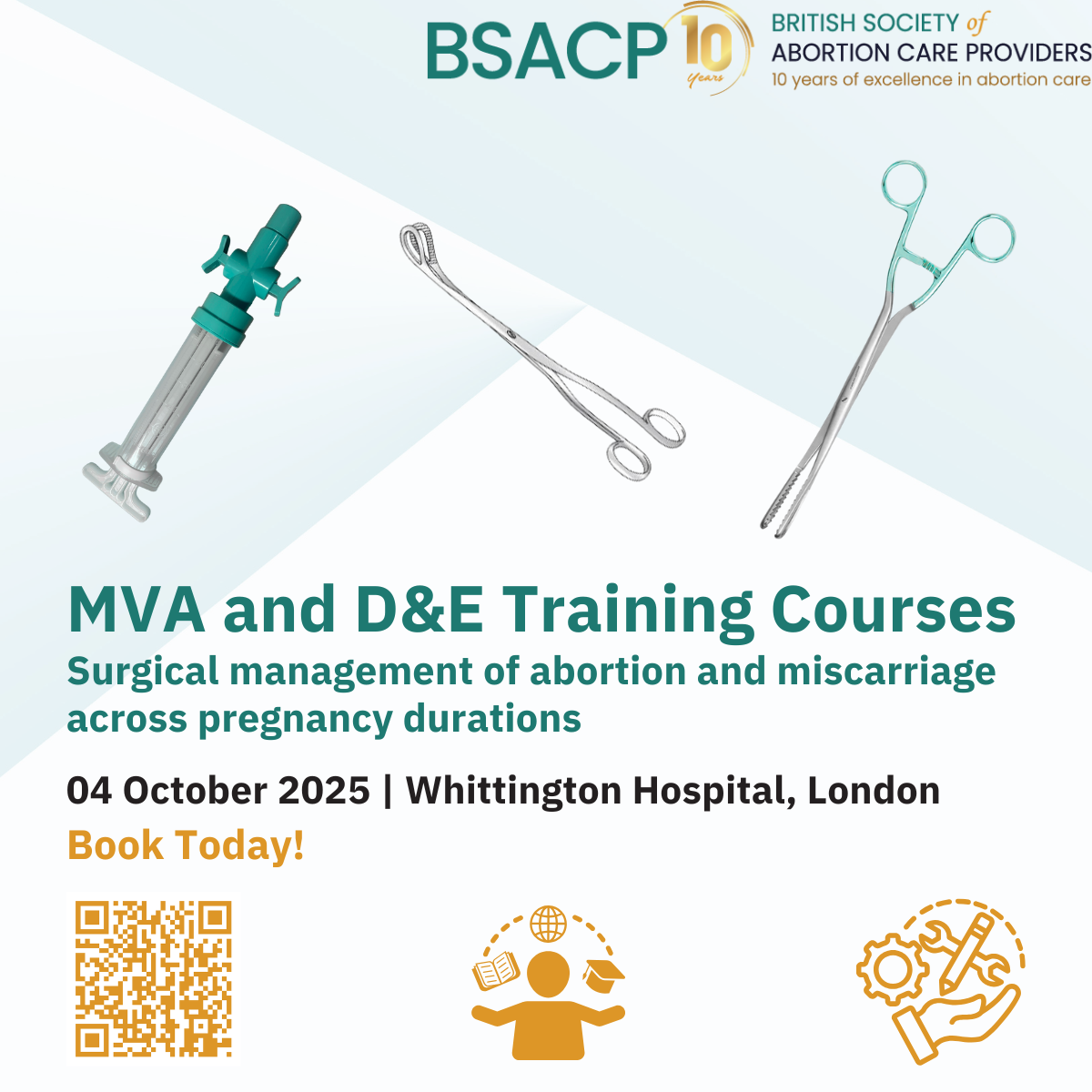 Ad for a training course featuring surgical instruments, BSACP logo, date, location details, and a Book Today! callout.