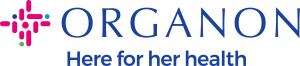 Organon logo with a pink and green circular icon next to blue text reading Here for her health.