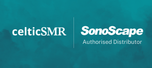 The CelticSMR logo and the SonoScape Authorised Distributor logo appear side by side on a teal background.