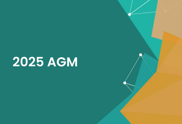 2025 AGM text displayed over a geometric background featuring teal, orange, and light green shapes with connecting dots.