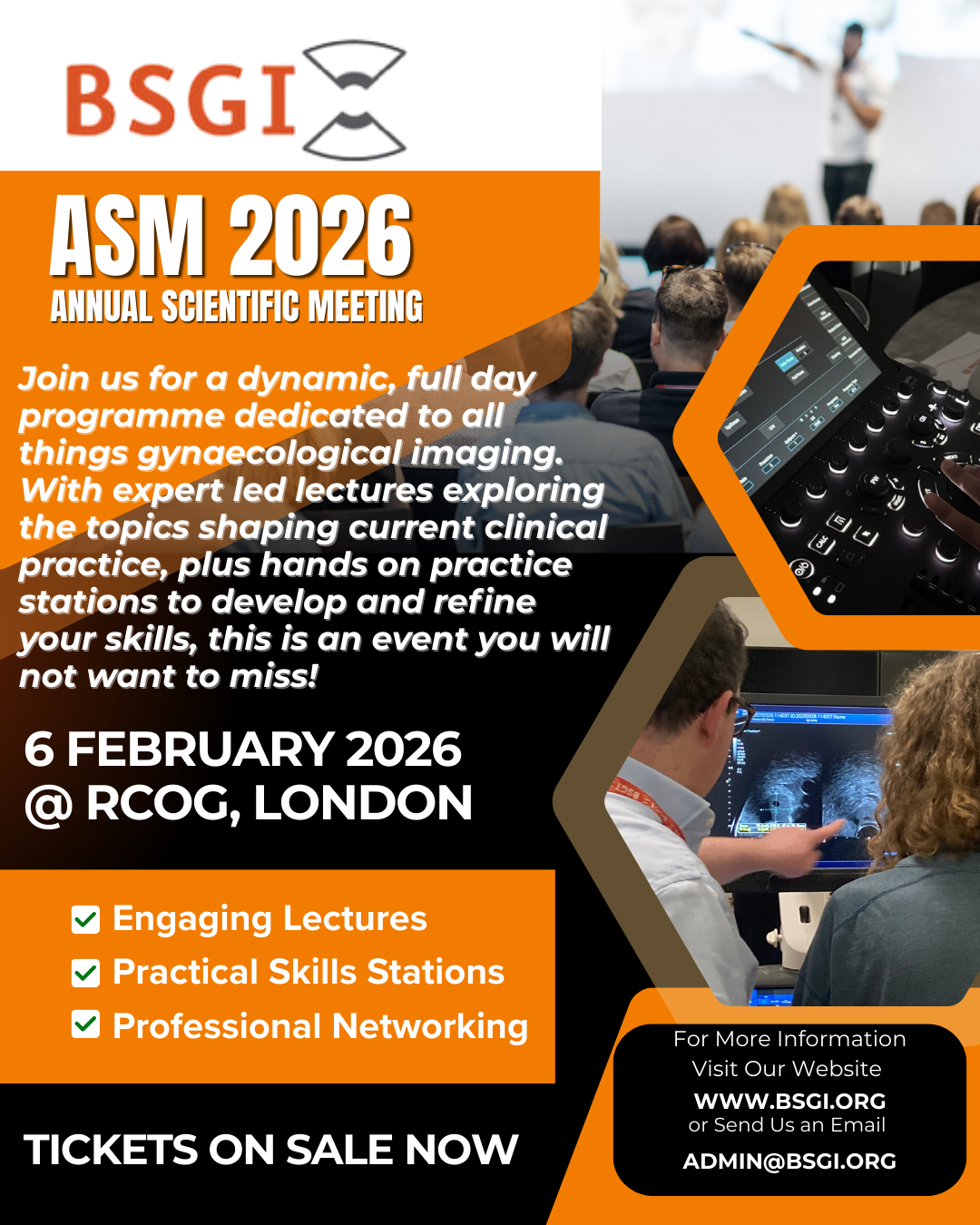 Flyer advertising BSGI ASM 2026 in London, listing lectures, skill stations, and networking events for gynecology imaging professionals.