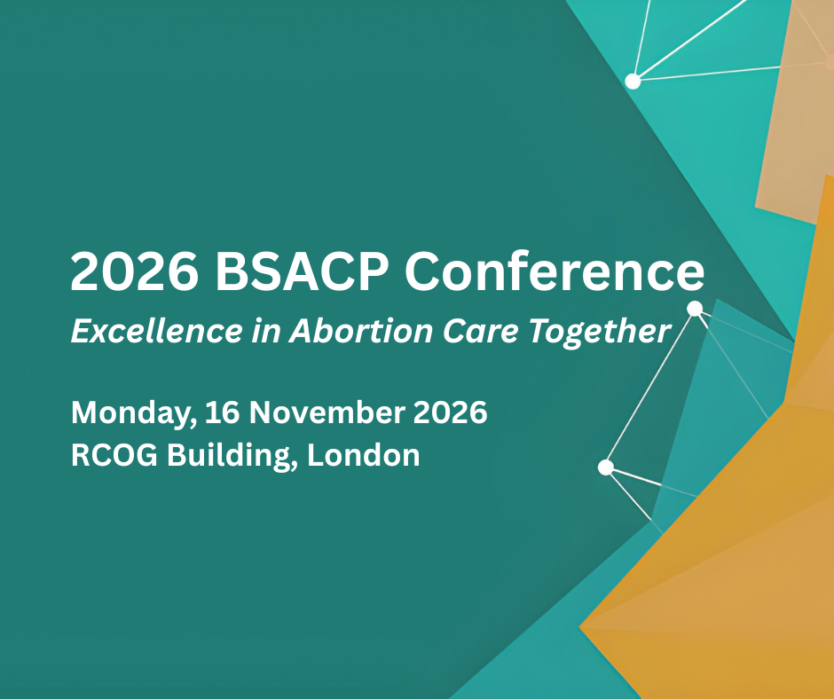 Event details and title for the 2026 BSACP Conference displayed on a teal and orange abstract background.