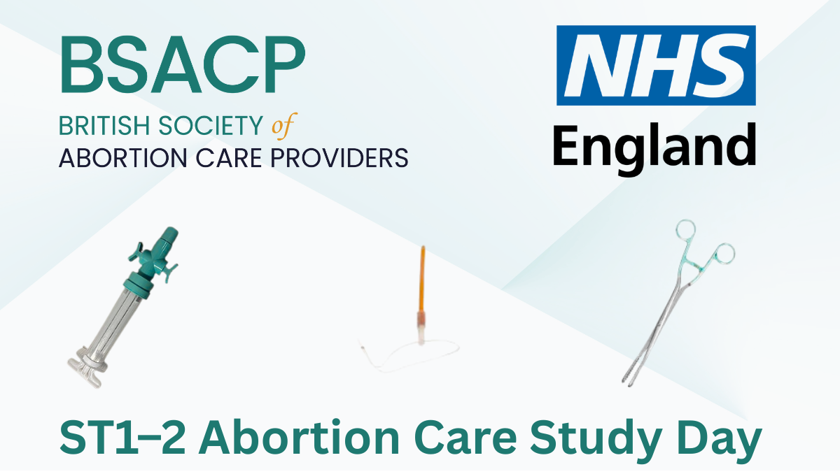 Poster announcing an online Abortion Care Study Day on 14 September 2026, featuring NHS and BSACP logos.