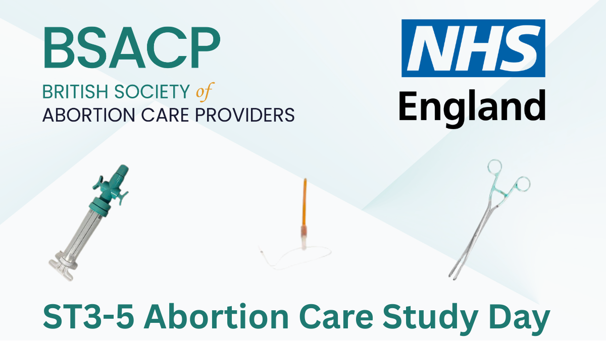 Abortion Care Study Day hosted by BSACP and NHS England on 12 January 2027 as an online event, featuring illustrations of medical tools.