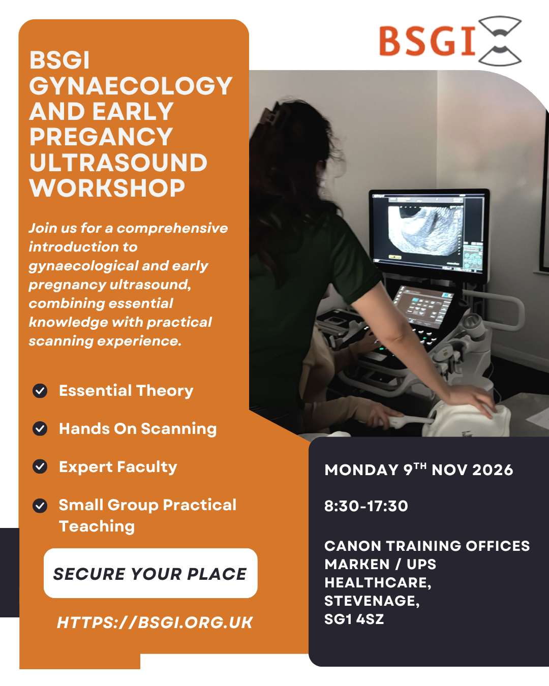 A flyer advertising a BSGI gynaecology ultrasound workshop, featuring text, medical icons, and images of people operating ultrasound equipment.